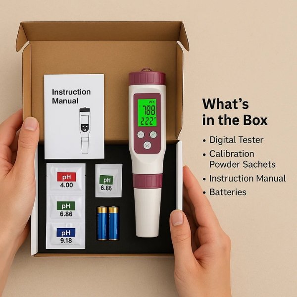 Primer plano del tester digital 7 en 1 sumergido, capturando muestras para análisis de agua limpia.