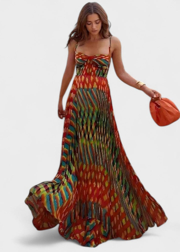 Vestido maxi estampado abstracto multicolor sin mangas corte A para mujer. Ideal para verano elegante o casual.
