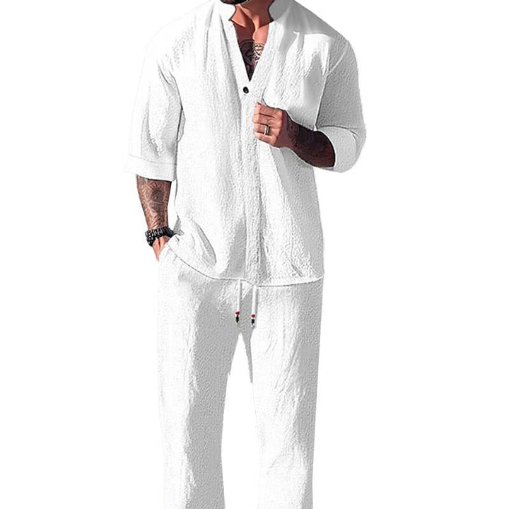 Conjunto lounge de lino para hombre, dos piezas. Ideal para verano, combina comodidad y estilo casual.