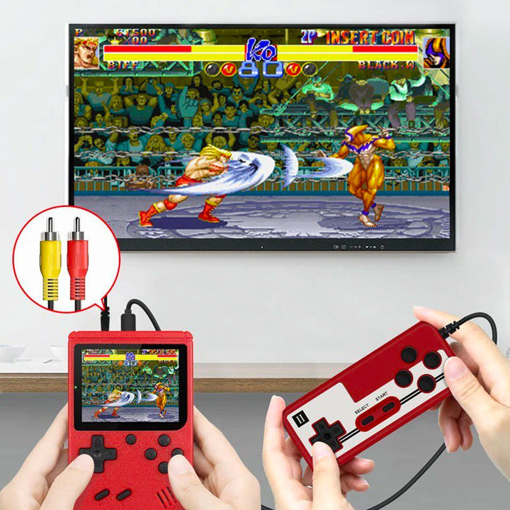 Consola de juegos portátil 400 en 1 con cables AV, lista para conectar a tu TV y jugar clásicos.