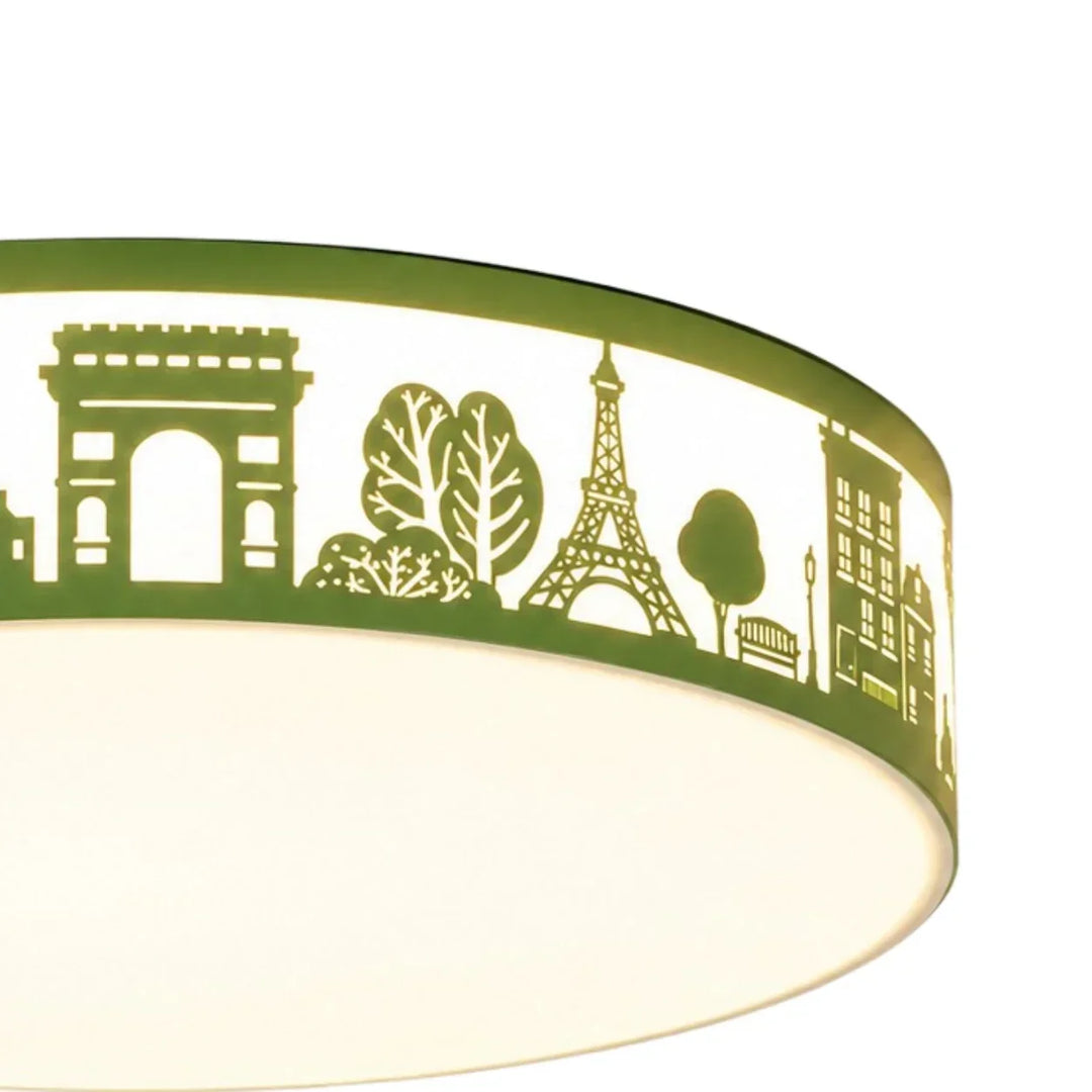 Lámpara empotrada LED moderna para estudio, con detalles de siluetas decorativas.