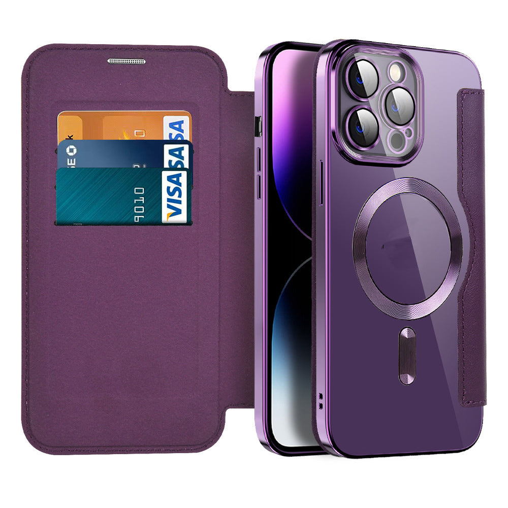 Funda protectora de cuero magnética para iPhone. Con tapa flip, MagSafe y bloqueo de señales RFID.