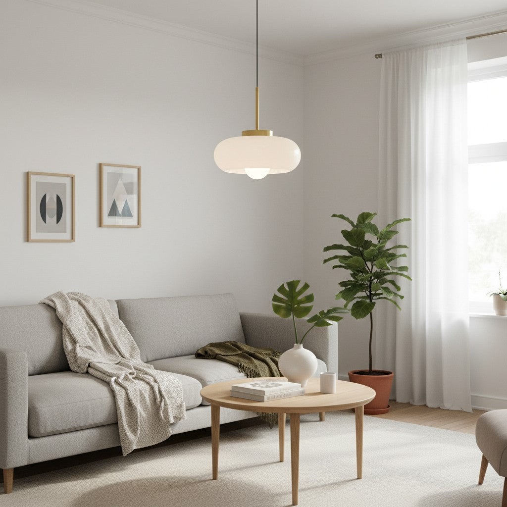 Lámpara colgante de diseño Bauhaus, con esfera de cristal redonda y detalles en oro. Interiorismo actual.