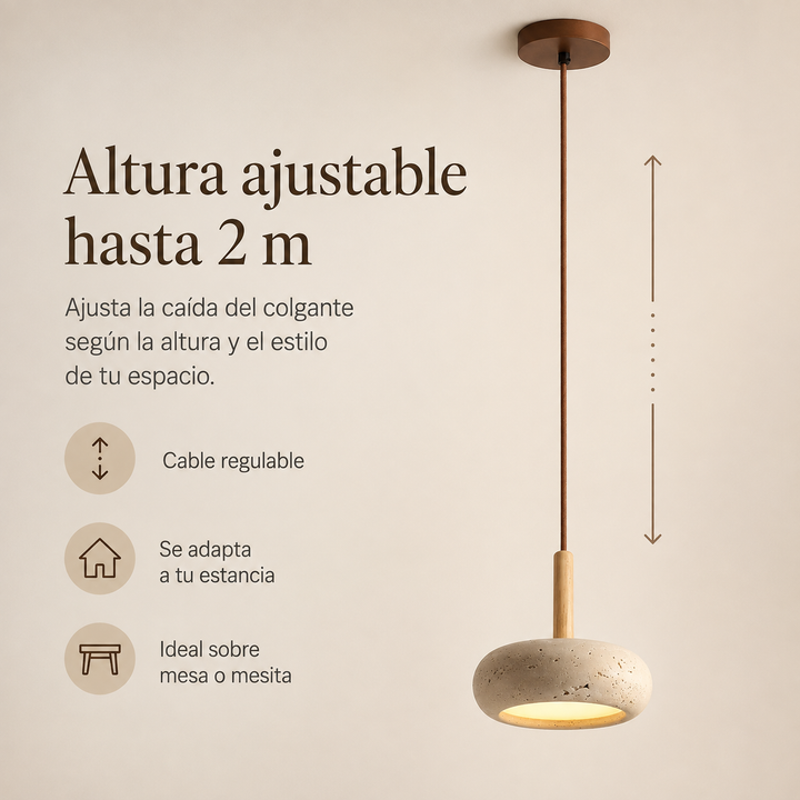 Decoración de iluminación japonesa: lámpara colgante LED Ø 15cm, piedra y madera, estilo minimalista.