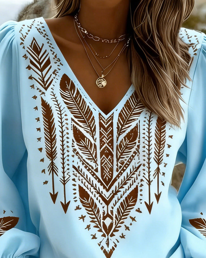 Blusa de moda bohemia con escote en V, estampado étnico y manga abullonada. Ropa casual.