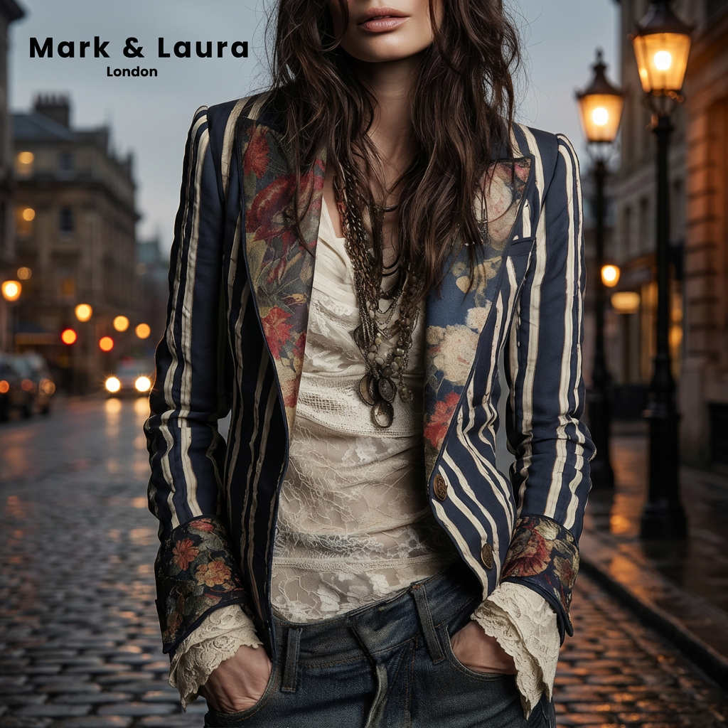 Chaqueta elegante de mujer con diseño floral y rayas, ideal para la oficina o un look casual.