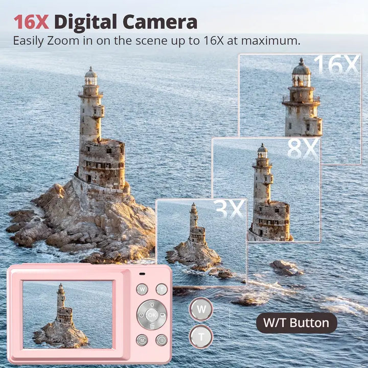 Cámara portátil digital retro, compacta para llevar y capturar recuerdos en estilo vintage.