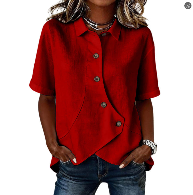 Moda femenina: camisa asimétrica con botones. Blusa moderna y chic, ideal para ropa de oficina o eventos casuales.