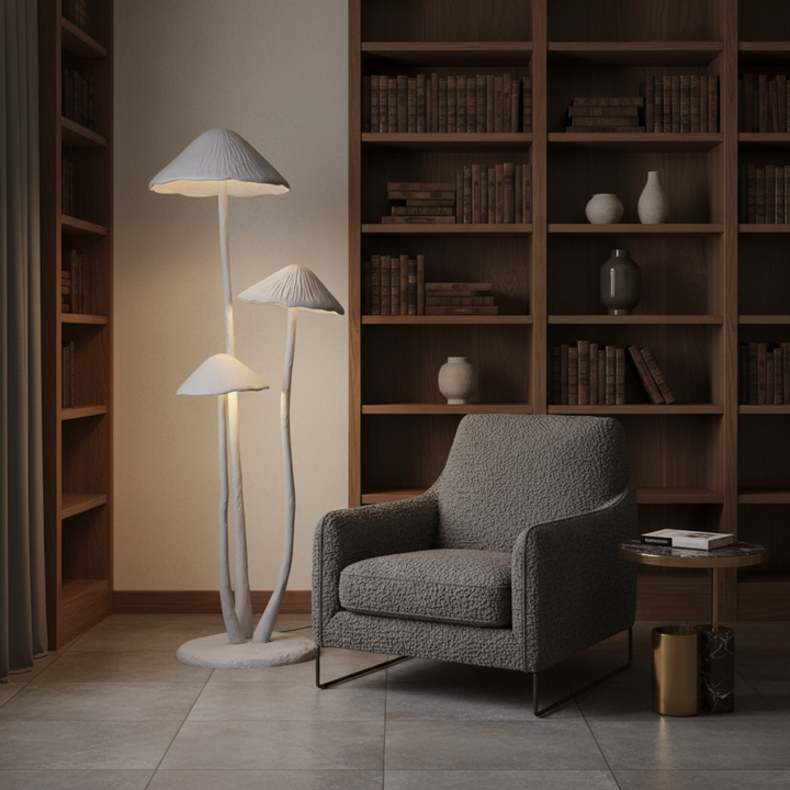 Diseño escultural: lámpara de pie LED hongo gris para sala o estudio moderno.