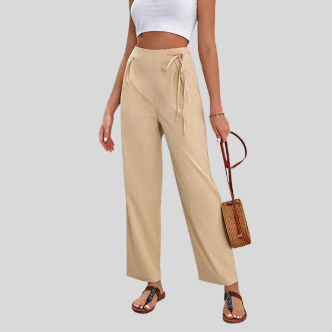 Pantalón Teresa de mujer elegante, pierna ancha y cintura alta.