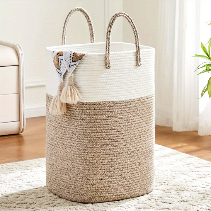 Cesta de ropa tejida grande para lavandería. Solución duradera de organización y almacenamiento del hogar.