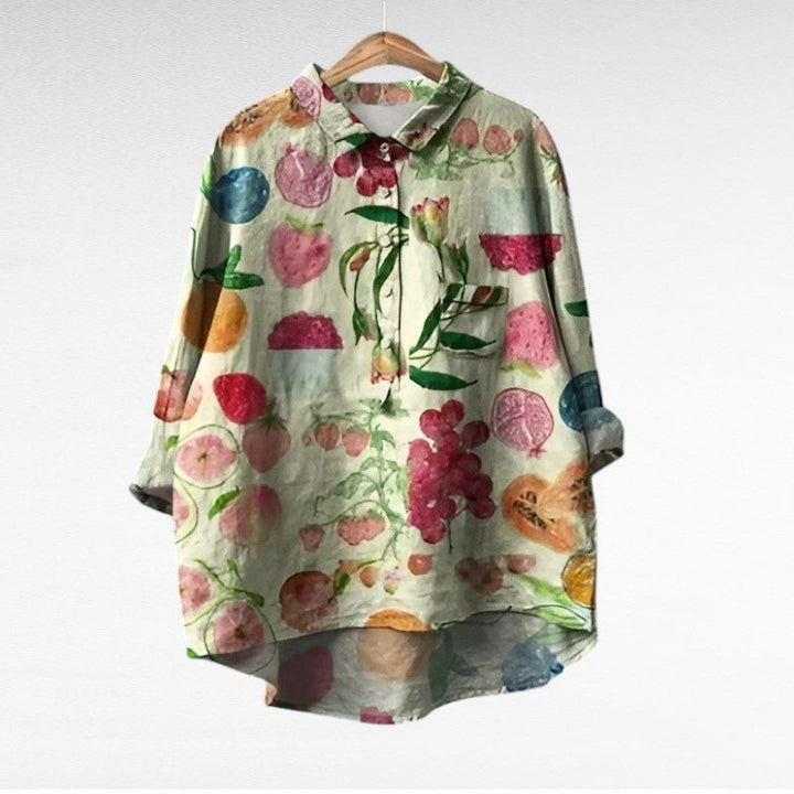 Blusa fluida vintage estampada para mujer, estilo casual y cómodo. Moda ideal para días de verano.