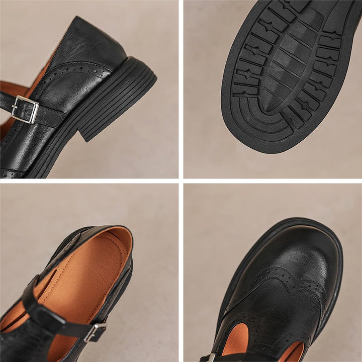 Zapatos T-strap vintage marrón para mujer, con tacón bajo para máxima comodidad.
