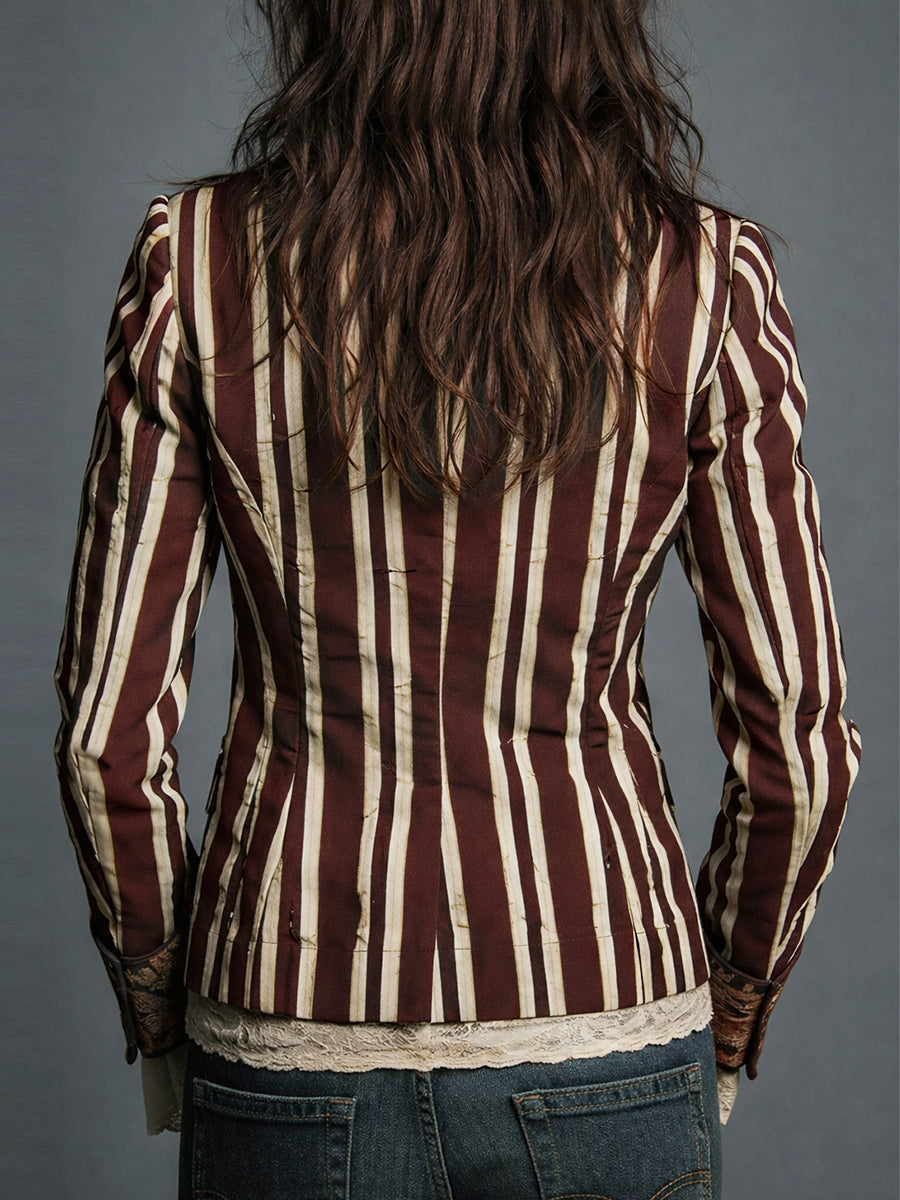 Chaqueta chic para mujer, estampado floral con rayas, ideal para combinar en oficina o casual diario.
