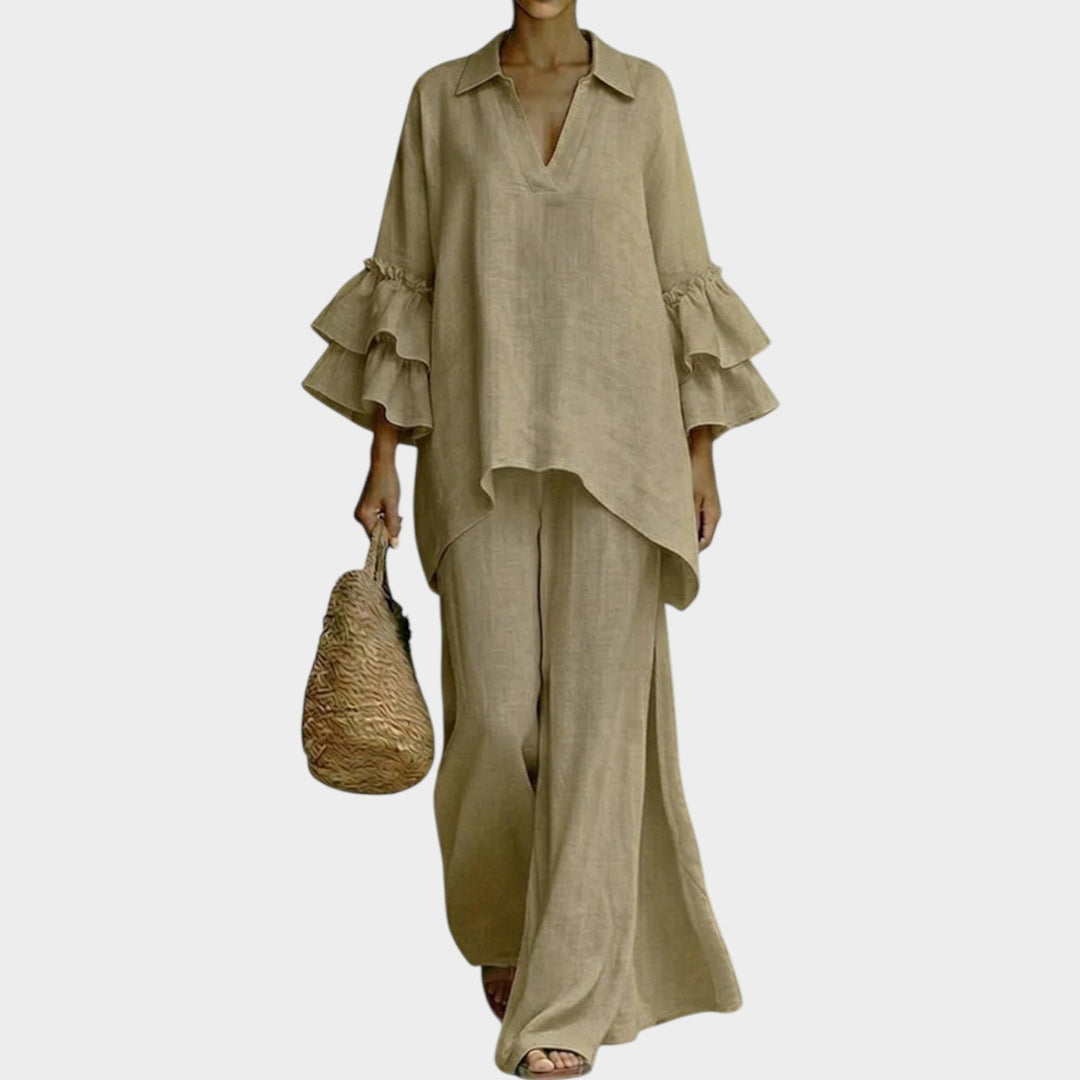 Ropa femenina de verano: Conjunto Leire de top suelto y pantalón ancho. Dos piezas elegantes para un look casual y cómodo.