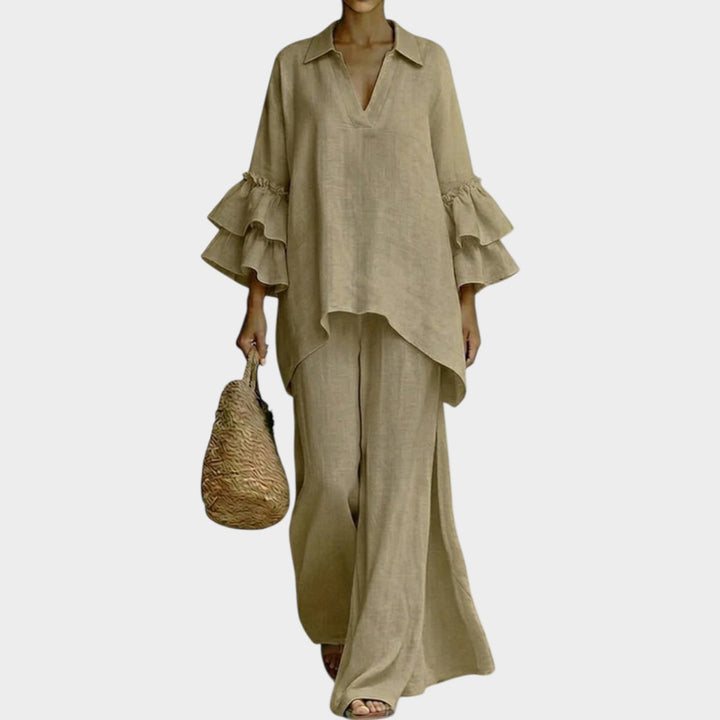 Ropa femenina de verano: Conjunto Leire de top suelto y pantalón ancho. Dos piezas elegantes para un look casual y cómodo.
