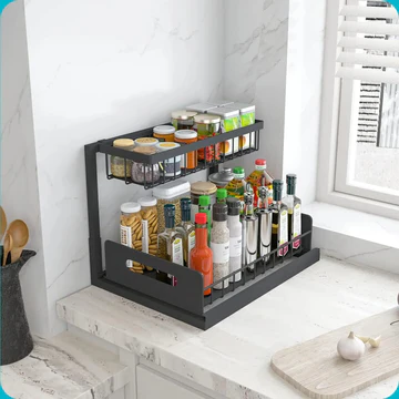 Organizador de acero carbono en forma L, 2 niveles, instalación sin herramientas para baño y cocina.