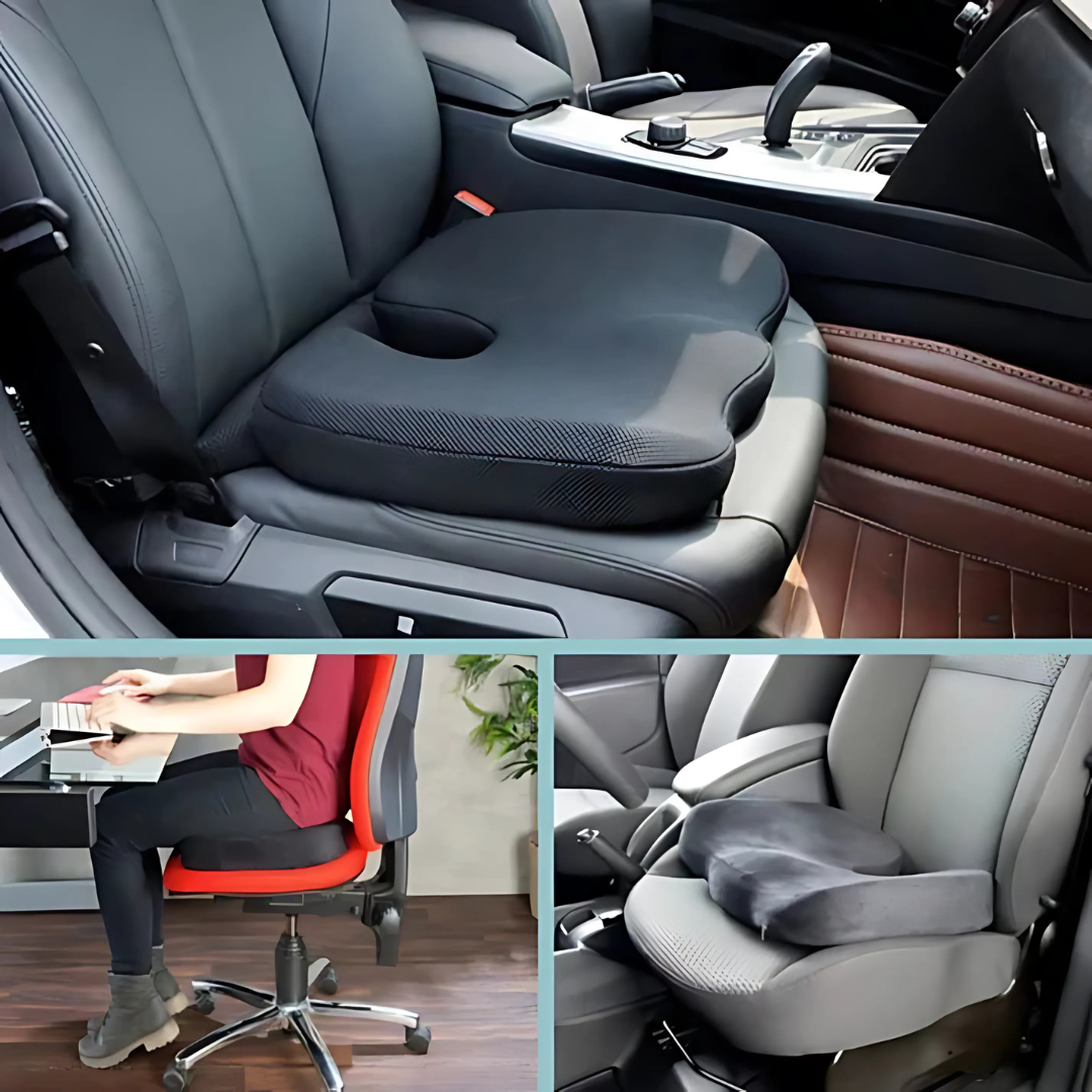 Cojín ergonómico de memoria para asiento y coxis, alivio lumbar y mejora de postura.