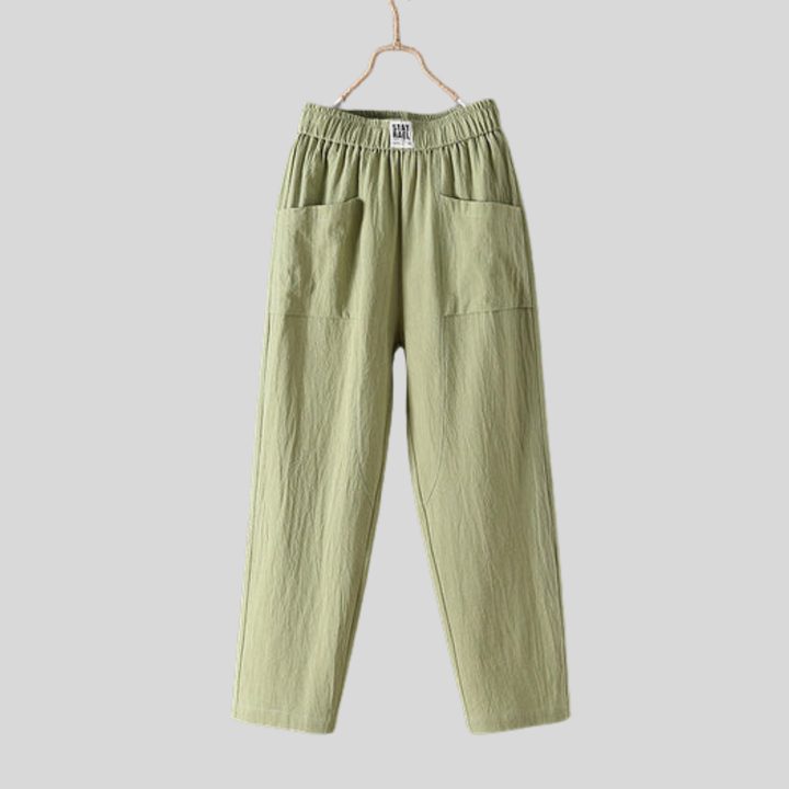 Pantalones relajados de mujer, mezcla lino-algodón, estilo natural, bolsillos. Perfectos para verano.