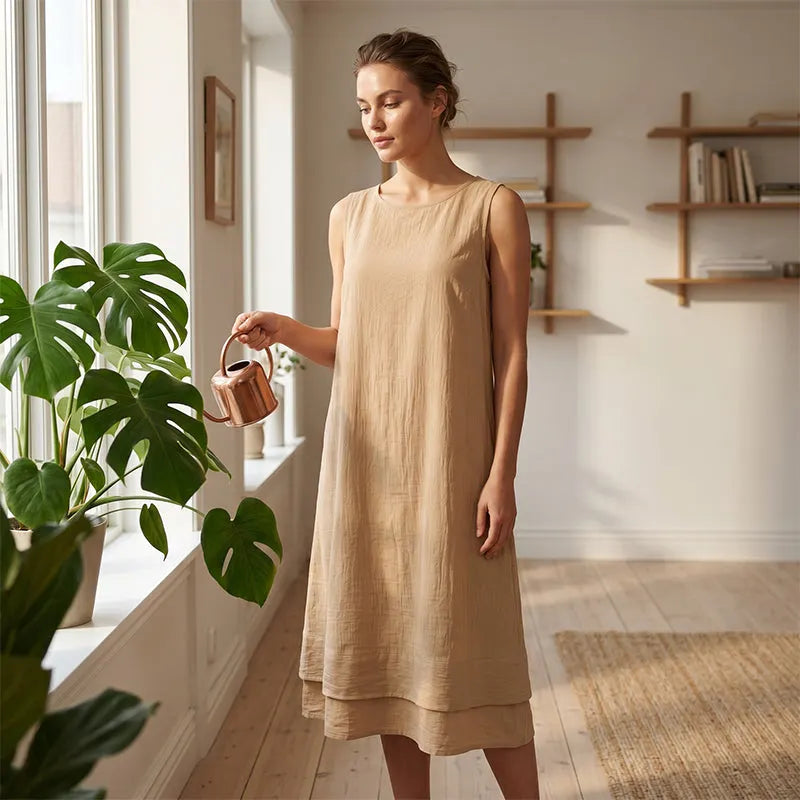 Vestido midi ligero y fresco para vacaciones, sin mangas, con bolsillos útiles y volante decorativo.