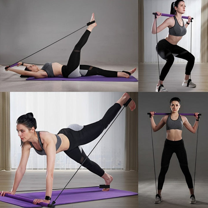 Detalle de barra de Pilates con bandas elásticas y asas para un entrenamiento completo. Tonificación y flexibilidad.