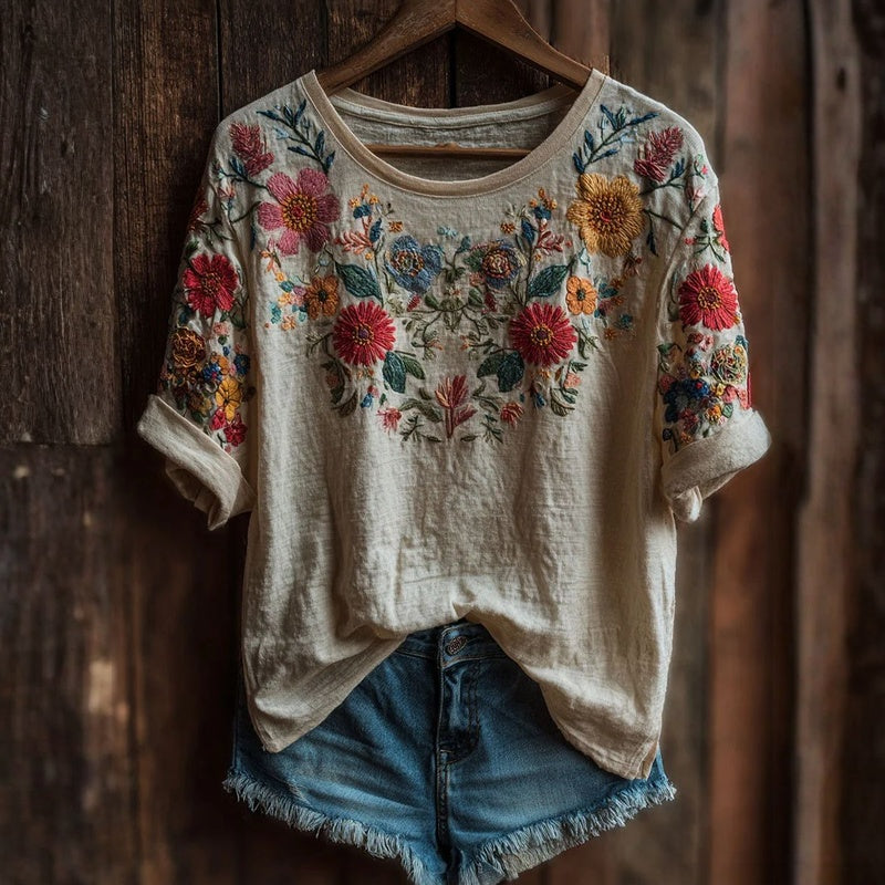 Camiseta floral vintage multicolor de mujer, manga corta, estilo casual, ideal para primavera y verano.