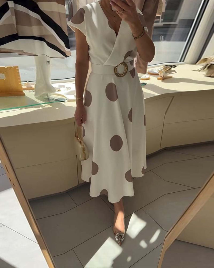 Vestido midi de lunares para mujer, escote en V, ideal para fiesta, verano o primavera.
