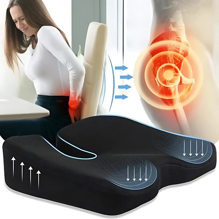 Cojín de memoria unisex negro, ideal para asiento, coxis y soporte lumbar. Mejora tu postura.