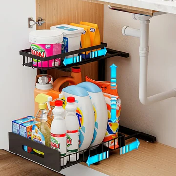 Organizador bajo fregadero deslizante de 2 niveles, perfecto para cocina y baño, con ventosas para estabilidad.