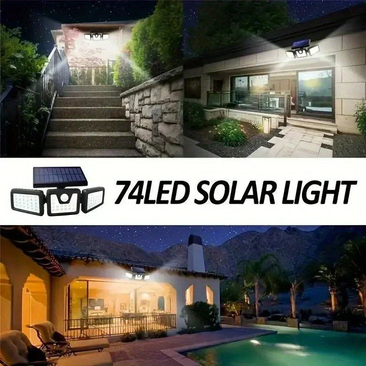 Foco LED solar detectando movimiento, proporcionando luz brillante de seguridad en jardín.