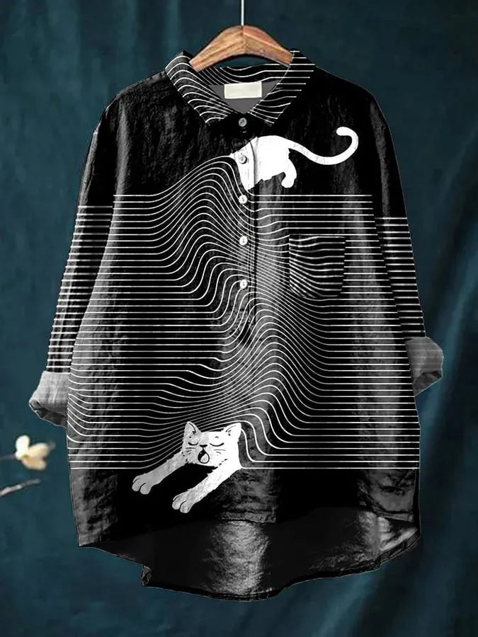 Camisa de algodón cómoda para mujer, estampado animal artístico, manga larga, estilo oversize y fresco.