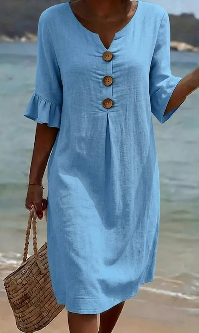 Vestido de playa holgado para mujer, algodón y lino, con mangas abullonadas. Perfecto para verano.