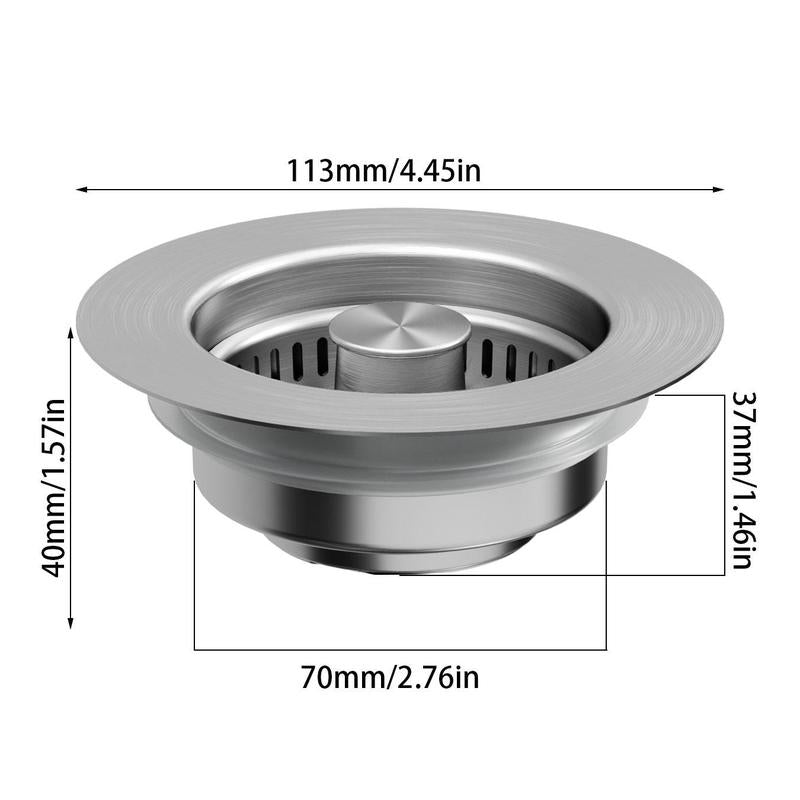 Desagüe de cocina protegido con colador 3 en 1 de acero inoxidable, para limpieza fácil.