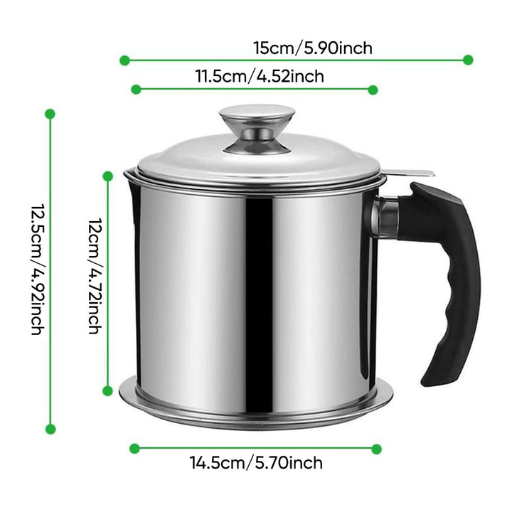 Olla de cocina de acero inoxidable con filtro de malla, perfecta para almacenar y reutilizar aceite de forma práctica.