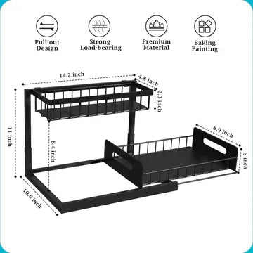 Organizador deslizante de 2 niveles para un hogar ordenado. Almacenamiento eficiente en cocina y baño.