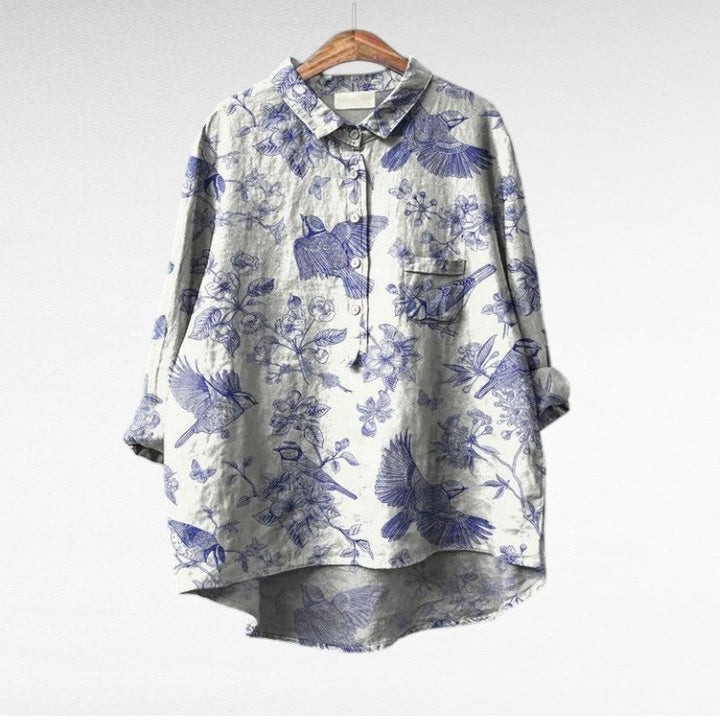 Blusa cómoda y ligera para mujer, perfecta para el verano. Diseño estampado moderno y elegante con mangas largas.