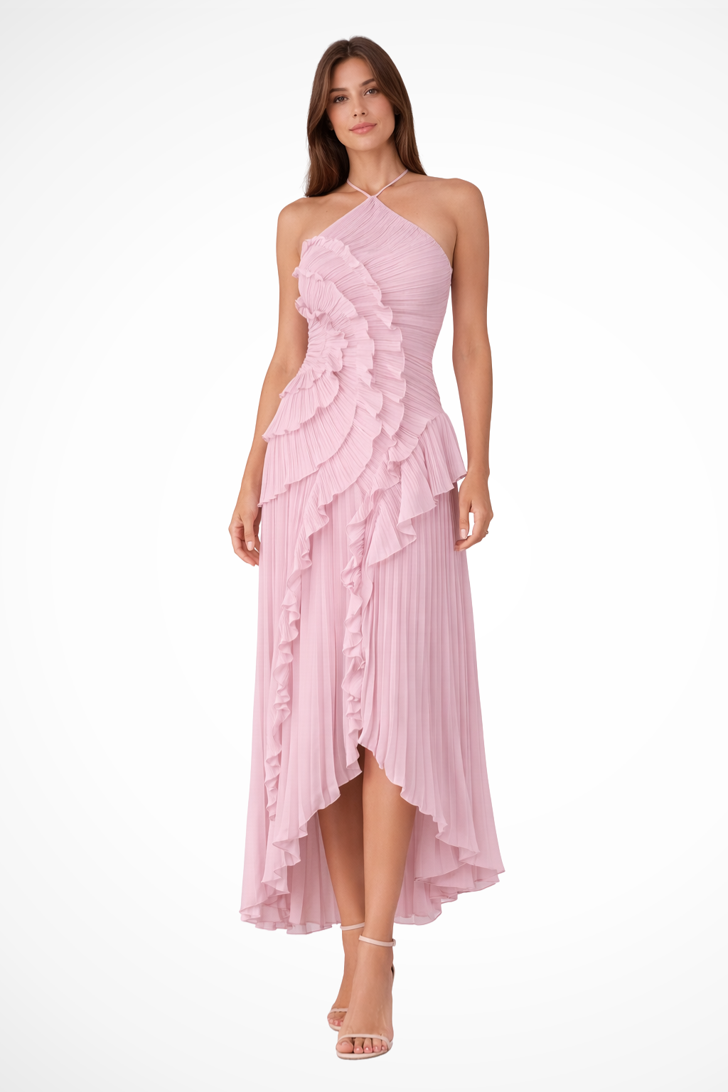 Vestido maxi halter elegante para mujer, espalda descubierta, volantes, ideal fiesta de verano.