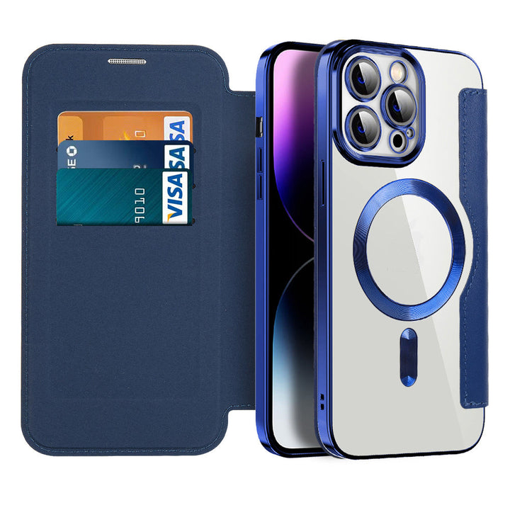 Funda flip magnética de cuero para iPhone. Protección total, compatible MagSafe y bloqueo RFID.