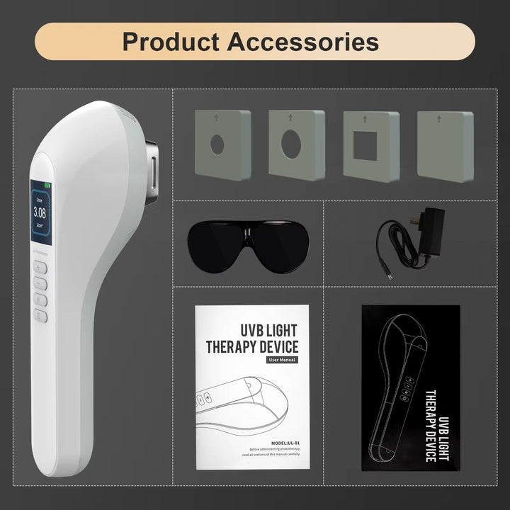 Mejora tu piel con fototerapia UVB 308nm. Dispositivo portátil para un tratamiento cómodo en casa.