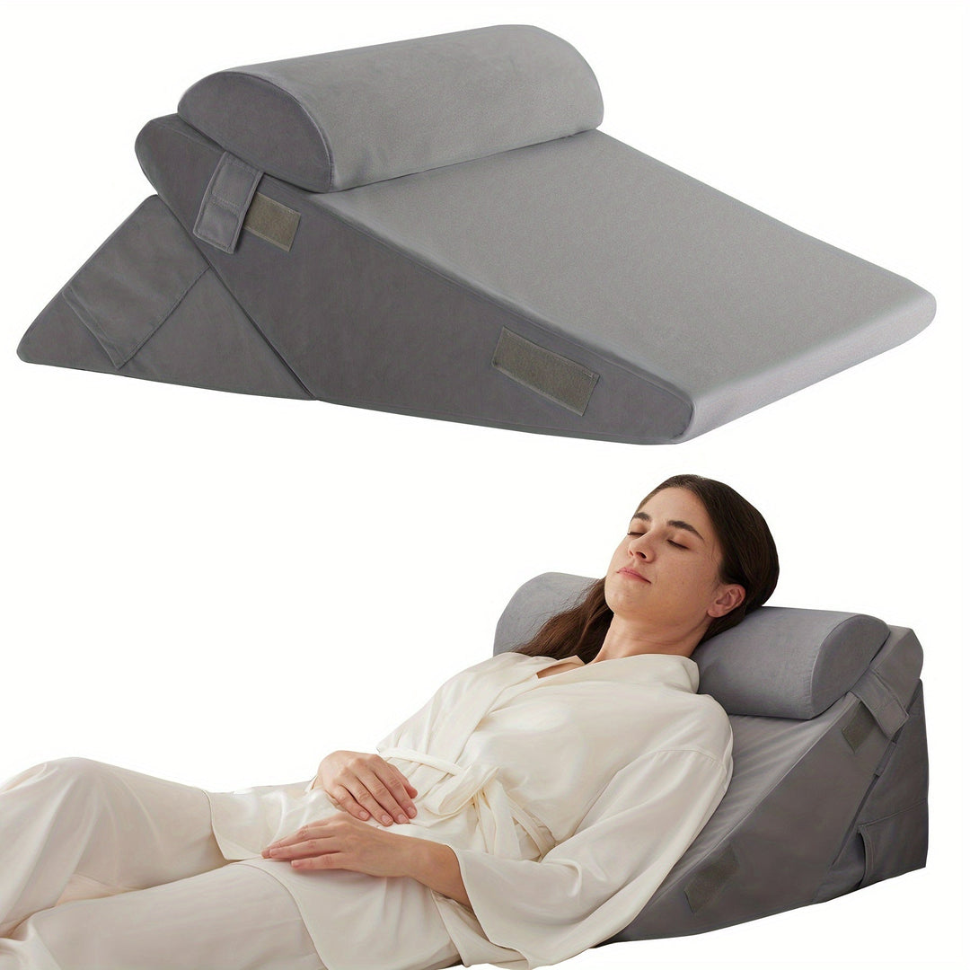 Cojín de cuña plegable y ajustable. Soporte ergonómico para espalda, piernas y alivio lumbar.