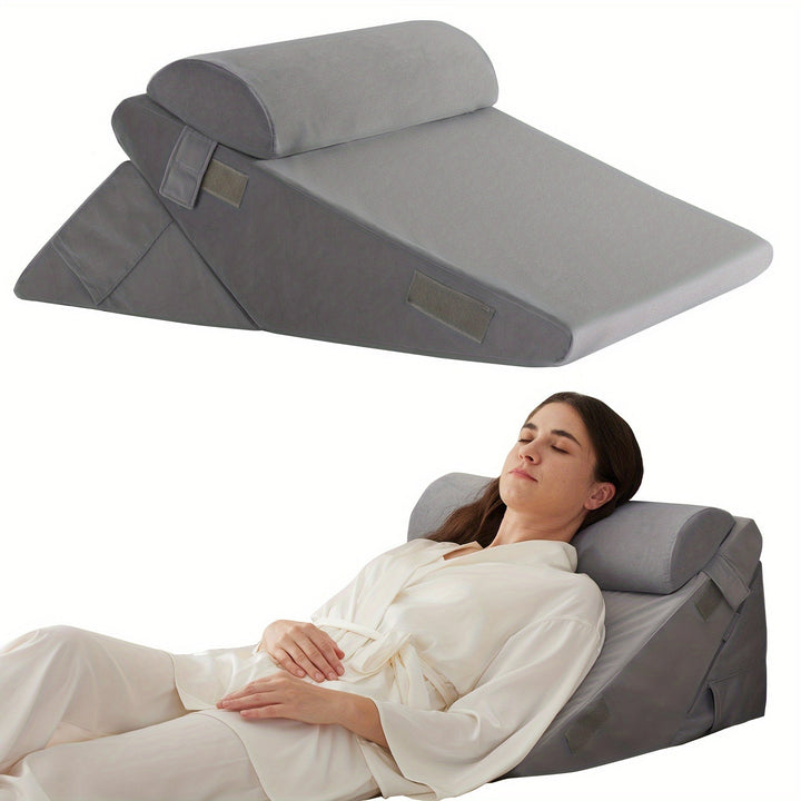 Cojín de cuña plegable y ajustable. Soporte ergonómico para espalda, piernas y alivio lumbar.