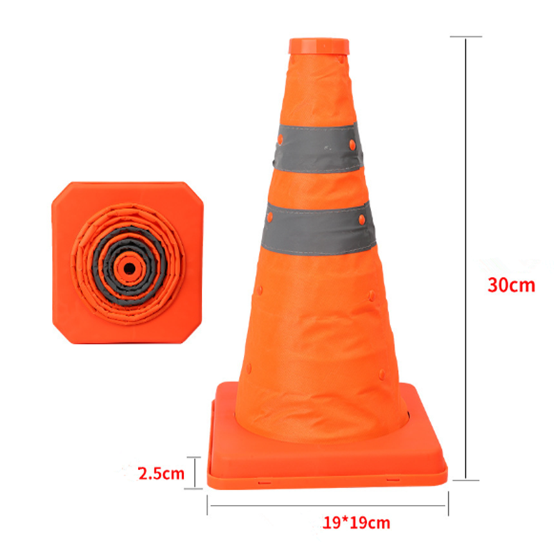Cono de seguridad vial reflectante naranja y plegable para tráfico universal.