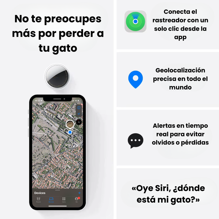 Localizador GPS para gatos compatible con iOS y Apple Buscar, sin suscripción.