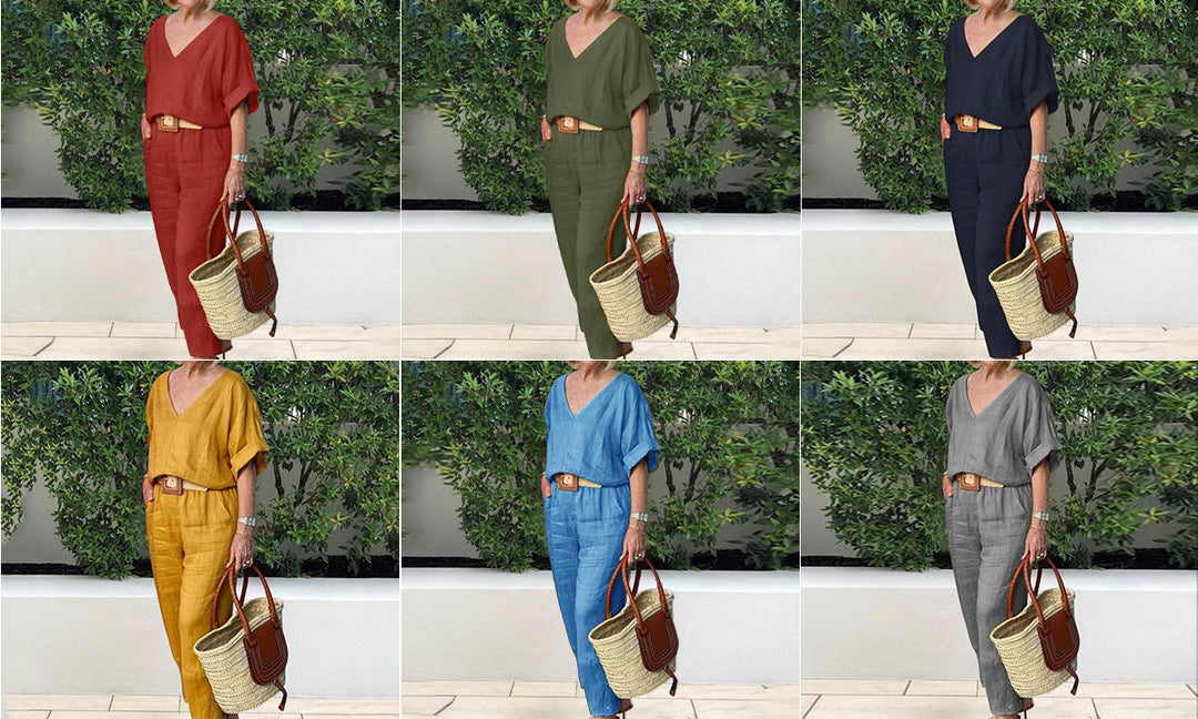 Conjunto cómodo mujer: blusa cuello V y pantalón recto con bolsillos, ropa ideal para un día casual.