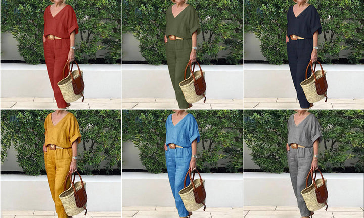 Conjunto cómodo mujer: blusa cuello V y pantalón recto con bolsillos, ropa ideal para un día casual.