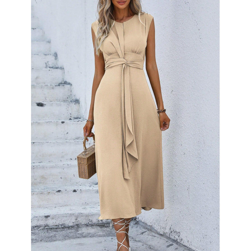 Vestido largo sin mangas, drapeado, elegante para mujer. Estilo casual y fluido de verano.