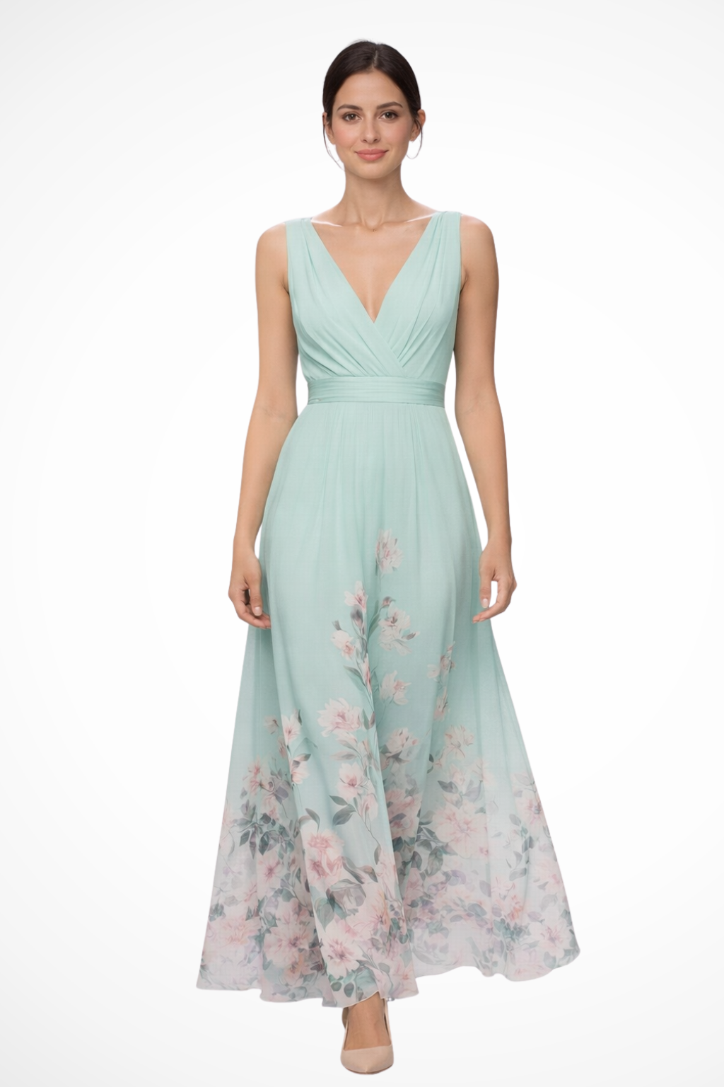 Estampado floral vibrante en vestido maxi sin mangas para mujer. Diseño elegante y moderno para invitadas.