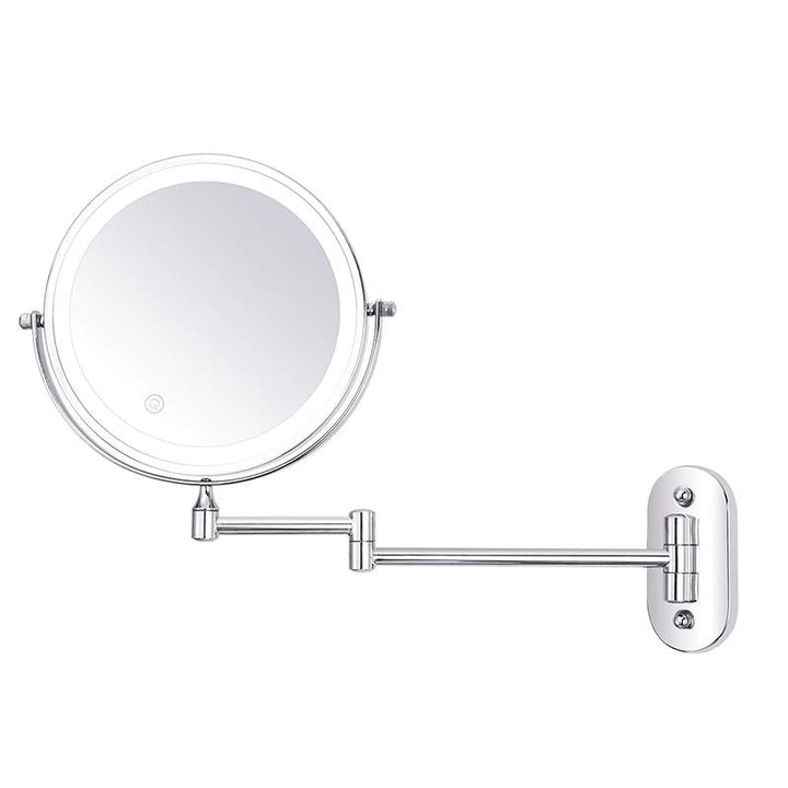 Espejo de pared con brazo giratorio 360°, luz LED y aumento para maquillaje y afeitado en el baño.