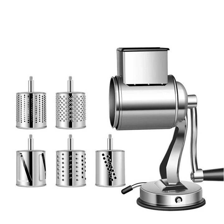 Rallador y cortador multifuncional manual para verduras y queso, ideal para preparación de alimentos en cocina.