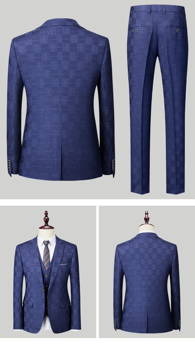 Traje elegante de cuadros negros para hombre, americana y pantalón slim fit. Moda masculina formal.